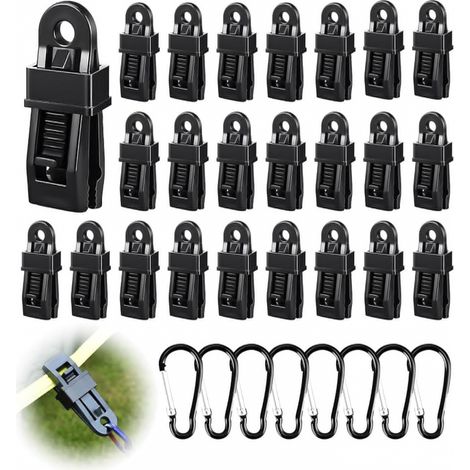 Lot de 32 Pièces Attache Bache Piscine Set, 24 Pince pour Bache et 8 Mousqueton, Fixation Bache pour Camping, Carvanes, Pique-Nique (1/5)