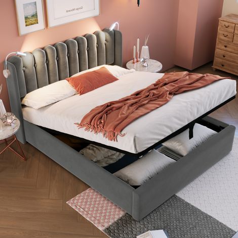 Letto matrimoniale imbottito rustico in velluto grigio 160x200 cm con testiera, luce da lettura USB e vano contenitore
