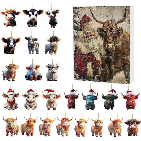 Calendrier de l'Avent HighlandCow - Décorations de Noël 2025 - Cadeau de compte à rebours de Noël mignon - Décoration de Nouvel An (1/5)