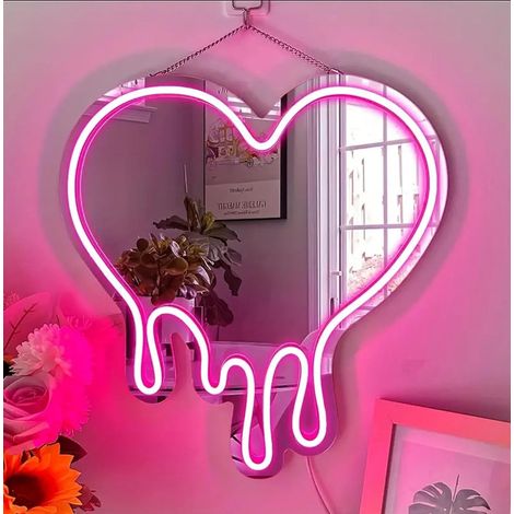 Lampe néon en forme de cœur - Miroir LED décoratif en néon rose fondu pour mur de chambre à coucher et de fille, studio, boutique, décor de fête d’anniversaire (38x39cm) (1/5)