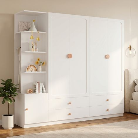 Armoire haute 200 cm avec penderie, 3 tringles à vêtements, 4 tiroirs et rangements multifonctions, grand dressing 225 cm Blanc pour chambre (1/5)