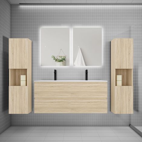Ensemble meuble chêne et vasque L.120cm 4 tiroirs + colonne2 haut + lavabo + miroir 80x60cm2-suspendu