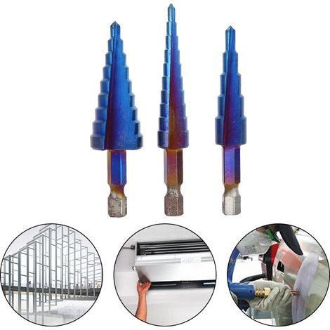 Lot de 3 forets à étages plaqués bleus forme pagode queue hexagonale coupe-trou outil de coupe (1/5)