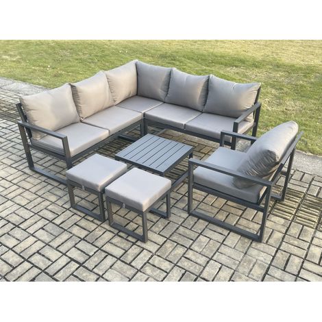 Fimous Outdoor Garden Furniture Set Aluminium Lounge Sofa Square Coffee Table Sets with Chair 2 Small Footstools Indoor Conservatory Set Dark Grey (1/5)