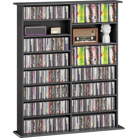 Mobile contenitore per CD e DVD con 16 scomparti e 12 ripiani regolabili, capacità massima 720 CD/396 DVD e Blu-ray, colore nero.