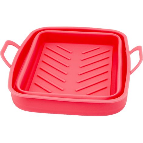 2 Pièces Doublure de Friteuse Résistante à la Chaleur, Design Rainuré en Silicone Facile à Nettoyer, Poêle à Frire avec Poignée Rouge (1/5)