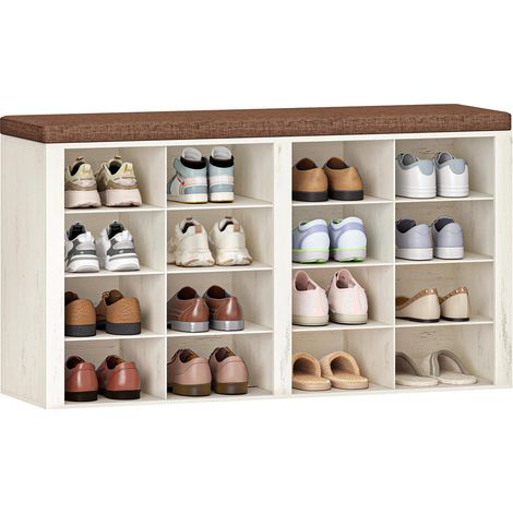 Shoe Storage Bench with Padded Seat, Shoe Rack Bench with 16 Open Compartments & Adjustable Shelves, Shoe Cabinet with Cushion for Hallway, Living Room & Bedroom (1/5)