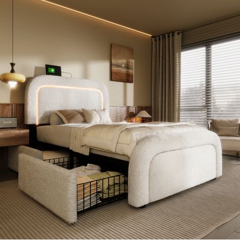Cama individual tapizada retro 90x200 cm blanca, cabecero regulable con USB-C y LED, 2 cajones, tejido Sherpa (1/5)