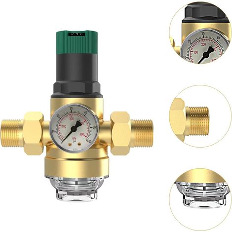 Réducteur de pression d'eau réglable en laiton – Filetage plomberie 1/2'' – Protection contre la pression excessive – Installation horizontale/verticale