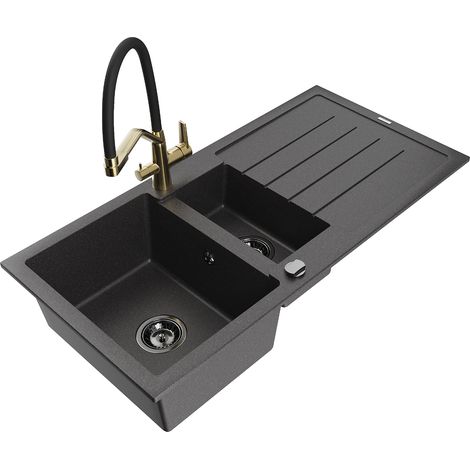 Mexen Andres 1,5-Becken-Granitspüle mit Abtropffläche und Mischbatterie Duo, Schwarz gesprenkelt - 6