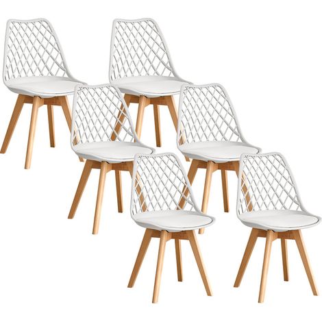 Wokaka Confezione da 6 sedie da pranzo - Scandinave - Schienale a rete - Cuscino seduta in pelle (Bianco)