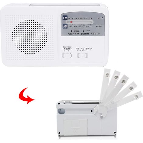 Lampe d'éclairage de secours portable multifonctionnelle en plastique blanc avec manivelle solaire AM/FM et chargeur de téléphone portable (blanche) (1/5)
