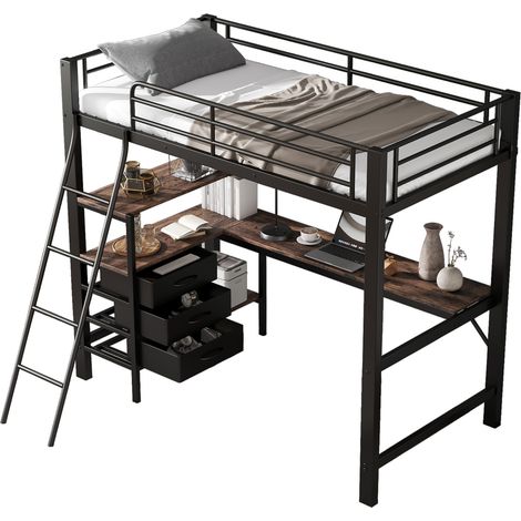 Lit mezzanine métal et bois noir/noyer foncé 90x200 cm avec bureau 200 cm, bibliothèque et 3 tiroirs (1/5)