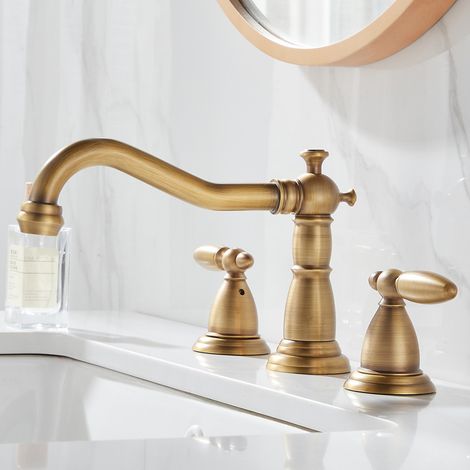 Bathroom Sink Tap Gold Chrome Solid Brass Bathroom Basin Faucet Mixer Tap, Antique Brass Kitchen Sink Faucet, Dual Handles 3Pcs Bathtub Faucet Basin Taps-Bronze (1/3)