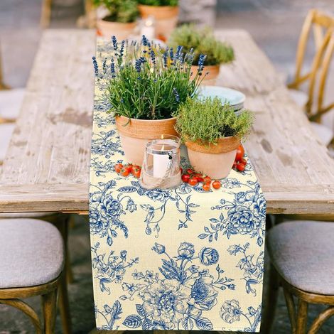 (33X183 cm)Rose Bleue Chemin de Table Esquisse Monochrome Vintage et Rouleau Toile de Jute Chemin de Table Decor pour Table Basse de Mariage (1/5)