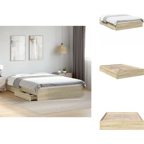 Bettgestell mit Schubladen Sonoma-Eiche 140x200cm Holzwerkstoff - Holzbettfassungen - Bettsystem - Doppelbett - Eiche Möbel - Schrankbett (1/5)