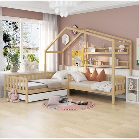 lit rangement couchage 90x200 bois naturel tiroirs OKMYHOME (1/5)