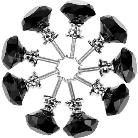 Lot de 10 boutons d'armoire en verre cristal 30 mm en forme de diamant pour tiroir d'armoires de cuisine, commode, armoire, poignées (noir)