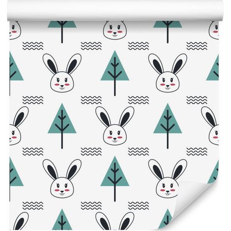 Papel pintado de conejos y árboles para salón y dormitorio, 50x1000 cm. (1/5)