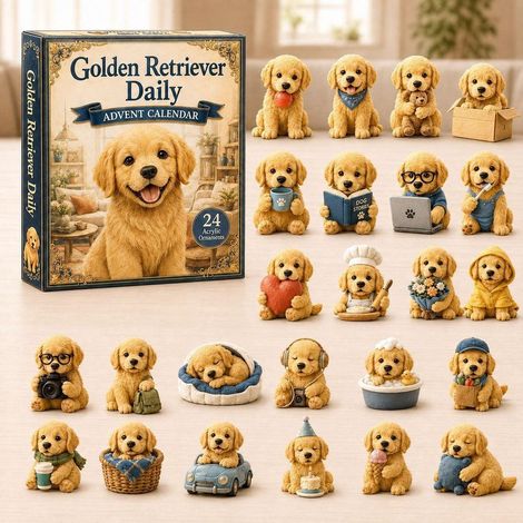 Golden Retriever Adventskalender 2026 – 24-teilig – Gold, Blau, Rot – Acryl – 28 x 20 cm – Gemütliches Golden Retriever-Hängeornament-Set – Weihnachtsbaumschmuck – Geeignet für Weihnachten und als Dek (1/3)