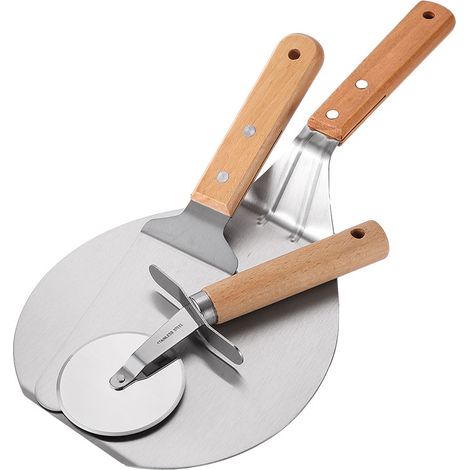 Pelle à pizza 25,5 x 25,5 cm : pelle à pizza en acier inoxydable de qualité alimentaire avec poignée en bois de 14 cm, pelle à pizza avec roulette à pizza et coupe-gâteau (1/5)