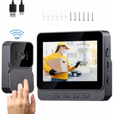 Sonnette vidéo sans fil avec caméra - Écran IPS 4,3" - Vision nocturne infrarouge - Interphone bidirectionnel intelligent - Signal puissant et longue portée - Veille intelligente - Protégez votre domi
