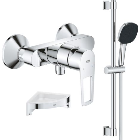 Pack mitigeur douche mécanique GROHE StartLoop + Ensemble de douche 2 jets avec barre + Tablette de douche d'angle
