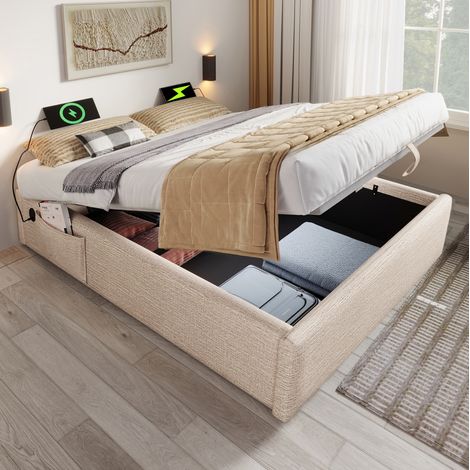 Cama doble con almacenamiento USB Type C lino natural OKMYHOME (1/5)
