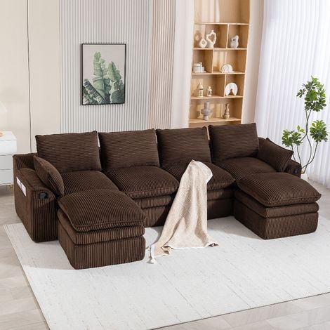 Modulares 4-Sitzer Cordsofa mit 2 Hockern und praktischen Seitentaschen, frei kombinierbar, 335x167x85 cm, Federkern, Cordstoff, Braun (1/5)