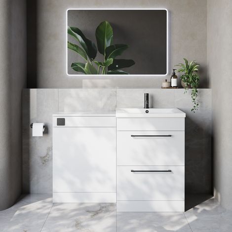 Napoli 460 Cento Gloss White 1200mm 2 Drawer Vanity Unit Toilet Suite with Glide Basin - 1200mm - Matt Black 320mm HandleWithout Kingston Toilet Pan