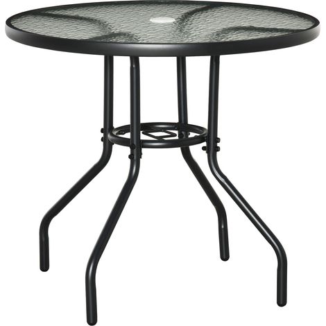 Tavolino da Giardino Ø80x72 cm Piano in Vetro con Foro in Metallo Nero (1/5)