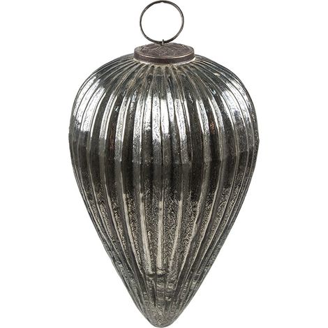 Boule de Noël XL en Verre Argenté Rustique avec Corde de Suspension Ø 13 x 21 cm - PANGIVO (1/2)