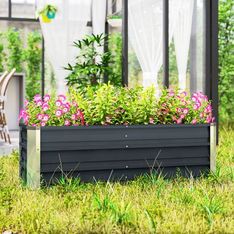 Bac acier 125x47x40cm – Gris charbon, gants inclus – Légumes fleurs, jardin potager