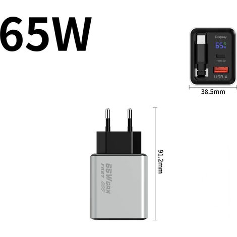 Chargeur USB-C à affichage numérique de 65 W, avec câble rétractable, chargeur au gallium nitrure, tête de charge (argenté) (1/5)
