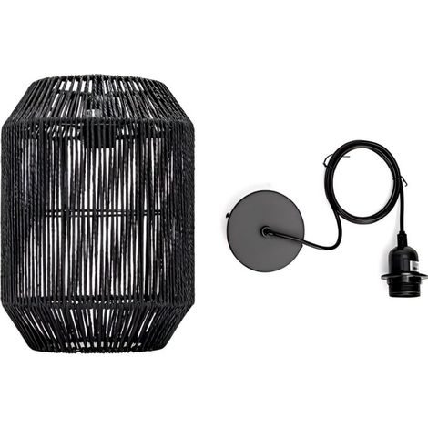 Suspension cylindrique corde noire, douille E27, style wabi-sabi, ambiance apaisante pour intérieur