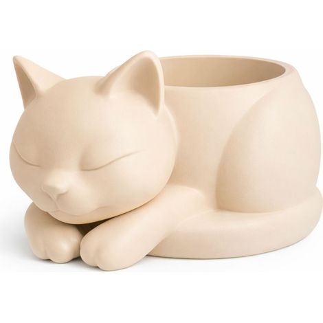 Cache-pot beige décoratif en forme de chat endormi pour plantes grasses et cactus