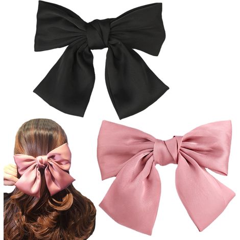 Barrette À Nœud - Barrette À Cheveux En Satin Avec Arc Large - Pour Femme Et Fille - Noir Et Rouge Pastèque - Lot De 2