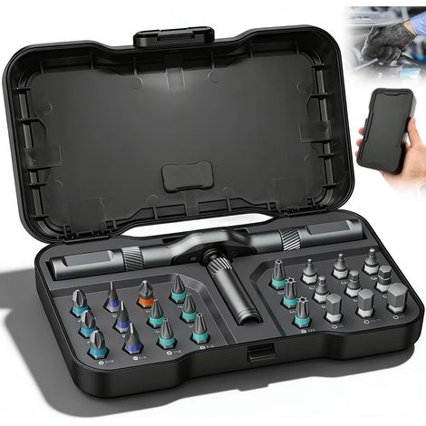 Ensemble Tournevis à Cliquet 24 en 1 avec Poignée Aluminium Amovible, Kit Tournevis Magnétique Précision, Ensembles Outils Réparation Aimanté pour Assemblage de Meubles, Réparation de Précision (1/5)