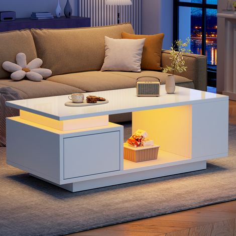 Table basse 100x50x36cm - avec tiroir - LED - laquée - 4 compartiments de rangement latéraux - Blanc (1/5)
