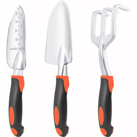 3-teiliges Set robuster Gartengeräte, bestehend aus Pflanzkelle, Spaten und Rechen mit ergonomischem Griff, aus Aluminium, zum Anpflanzen von Rasen, orange
