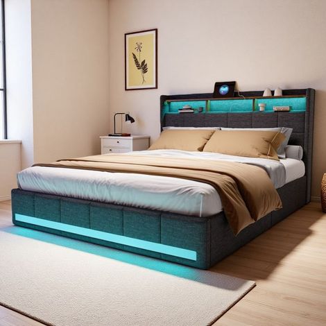 Bettkasten 140x190 cm - Bettgestell 140x190 cm - Doppelbett für Erwachsene 140x190 cm - Leinenstoff - Stauraum und LED - Grau