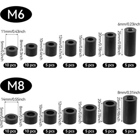 Kit de 90 rondelles d'espacement rondes en ABS, M6 M8 en nylon non fileté, entretoises de colonne d'isolation, entretoises en plastique avec boîte de rangement, 14 tailles différentes, noir (1/4)