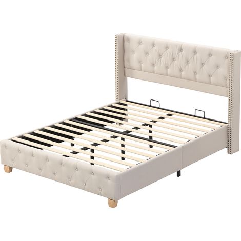 GagaLit rembourré 160x200 cm avec sommier, tête de lit capitonnée, beige (1/5)