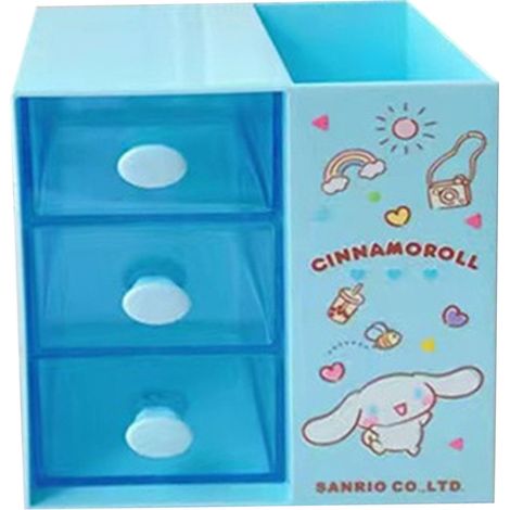 Boîte de rangement de bureau au design mignon avec tiroir intégré et compartiments, en plastique bleu, idéale pour ranger le maquillage à la maison. (1/5)