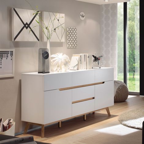 Buffet 2 portes 5 tiroirs 145x40x76 cm blanc mat et chêne - MAXEY