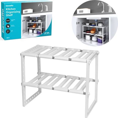 Étagère de rangement extensible pour placard - Étagère de cuisine réglable - Rangement sous évier - Étagère de rangement pour salle de bain et cuisine - Largeur réglable de 47 à 65 cm - Blanc (1/5)