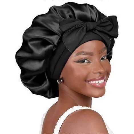 Bonnet en satin et soie pour dormir, double épaisseur, doublé de satin, avec lien, pour femmes aux cheveux bouclés naturels, rose et bleu. (1/4)