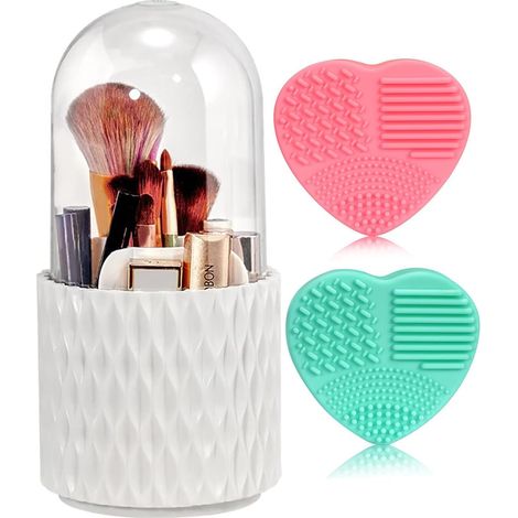 1 - Organisateur de Maquillage - Porte-pinceaux Rotatif - Rangement Cosmétique avec Couvercle Anti-poussière - Pour Vanity Salle de Bain - Blanc et Transparent - 11.5x23 cm