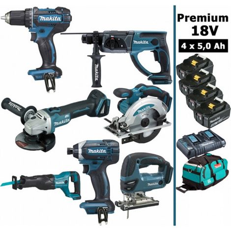 Pack Makita 7 machines 18V 5Ah: Perceuse DDF482 + DTD152 + DGA504 + DHR202 + DJR186 + DJV180 + DSS610 + 4 batteries + sac