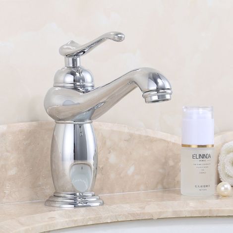 Robinet Mitigeur Lavabo en Laiton Massif Style Européen Rétro, avec Douchette Extractible Flexible, Robinetterie Salle de Bain pour Vasque à Poser, Finition Argent Classique-lsw